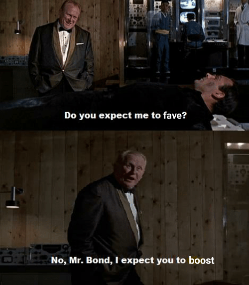 Classic James Bond Goldfinger exchange when he's trying to laser him in half, starting with the old chap. In the top panel we see Goldfinger in a snazzy dinner jacket and bowtie. He's looking down at Sean Connery strapped to the table, who's looking up and saying to Goldfinger
