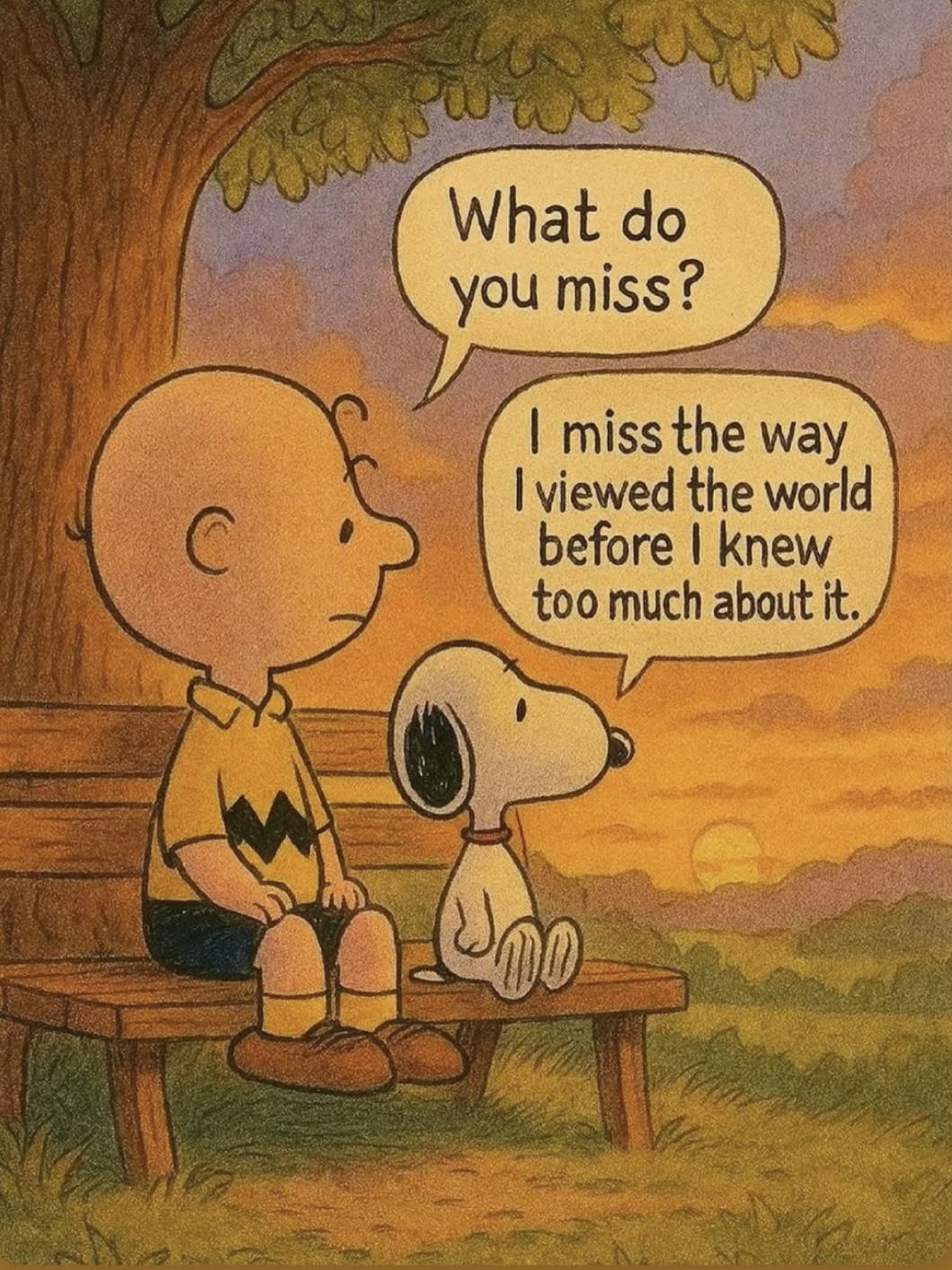 Charlie Brown: „What do you miss?“
Snoopy: „I miss the way I viewed the world before I knew too much about it.“
via https://www.instagram.com/philosophaire_