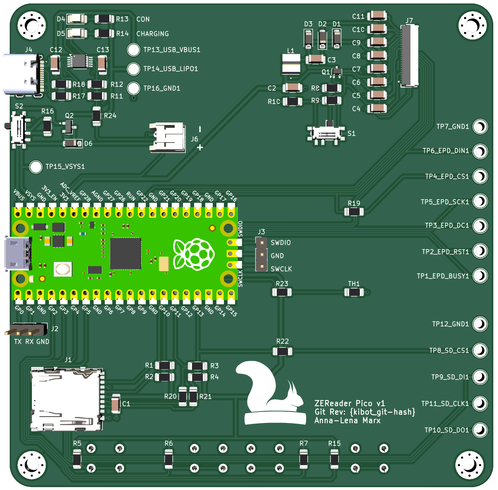 A rendering of the. ZEReader PCB with a Raspberry Pi Pico 2 as a main component.