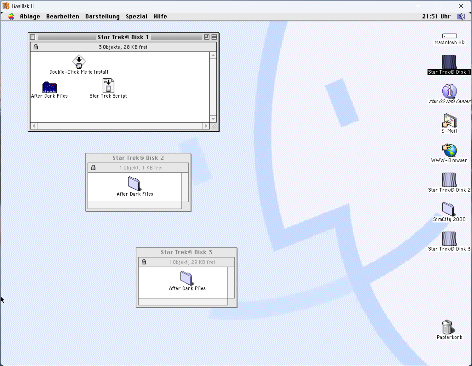The StarTrek screen saver. All 3 disks mounted in Basilisk II.