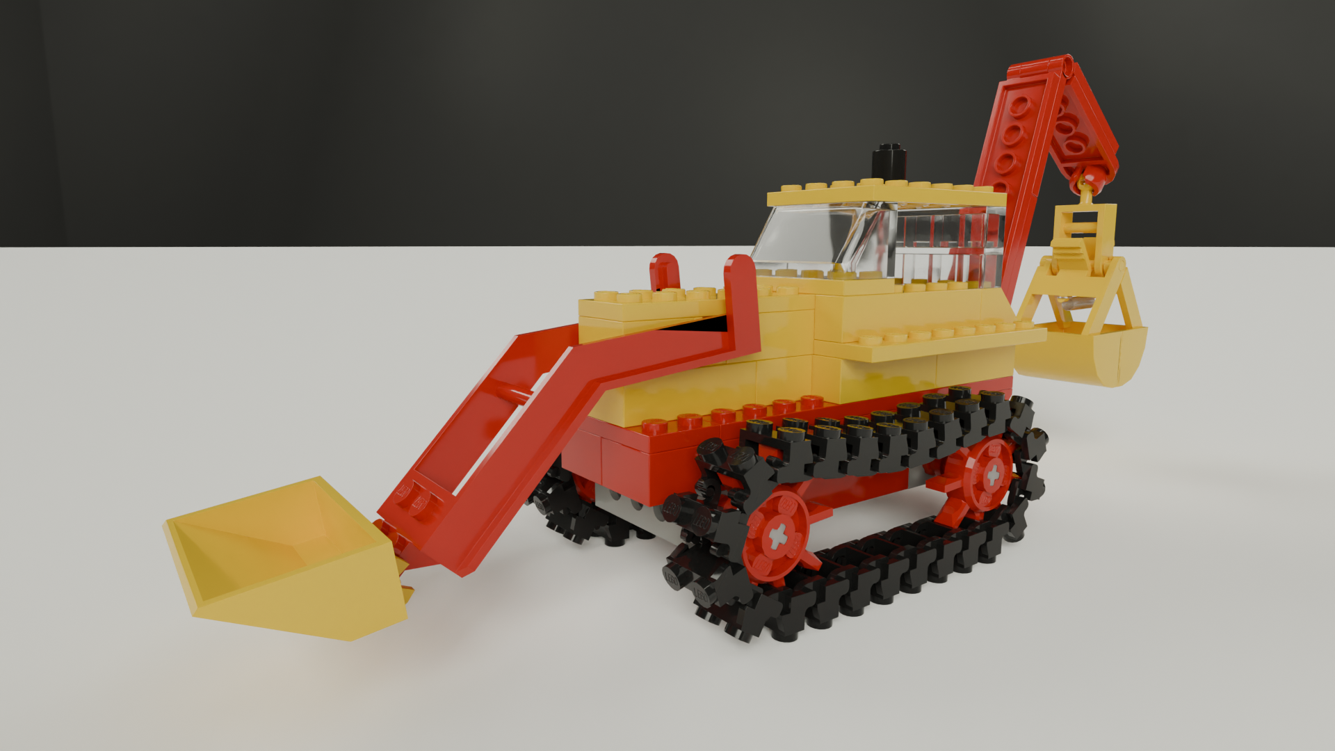 A rendered image of the excavator of the LEGO set 387.

The excavator is built of simple bricks with a yellow upper and a red lower half. It is equipped with a yellow front and back bucket (each attached to a red arm) and runs on black caterpillar tracks.

The arm of the front bucket shows a rendering defect: a black triangle.