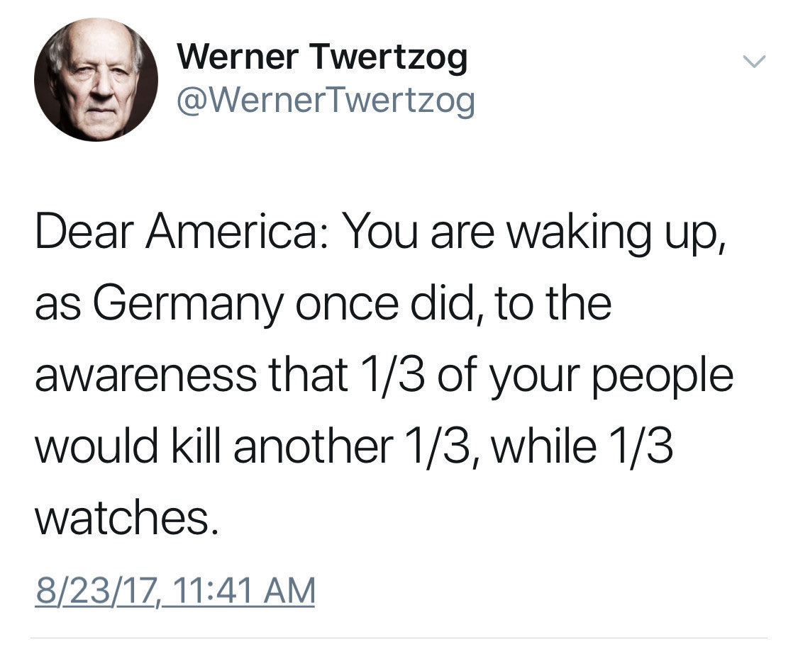 A tweet from the account “Werner Twertzog” (@WernerTwertzog) with a profile picture of an older man’s face. The tweet reads: “Dear America: You are waking up, as Germany once did, to the awareness that 1/3 of your people would kill another 1/3, while 1/3 watches.” The tweet is dated August 23, 2017, at 11:41 AM.