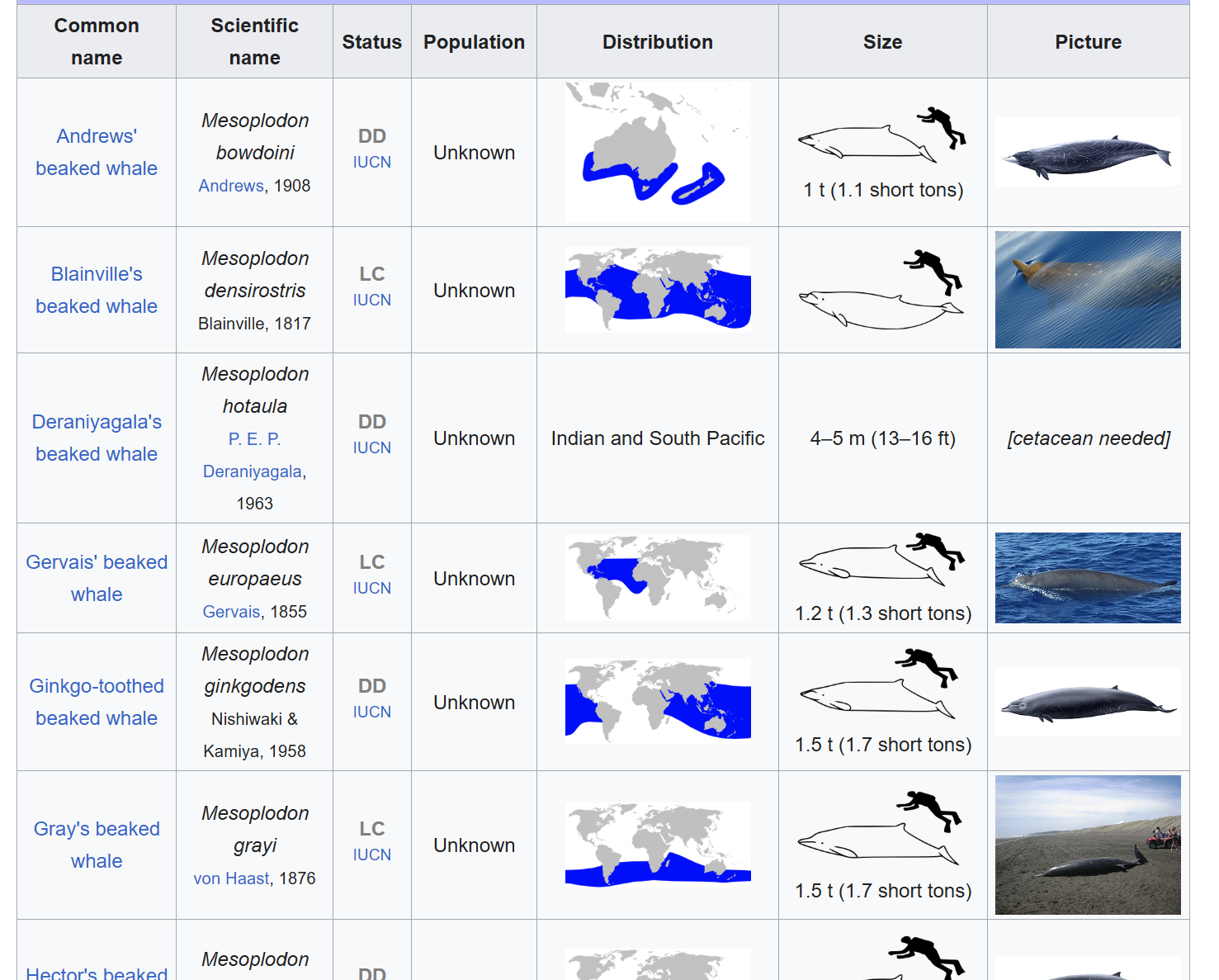 This is a screenshot of a table on a web page, it lists different whales from around the world with information about population, locations, and where possible a photo of the whale in question. There is one photo missing, with the placeholder text [cetacean needed].