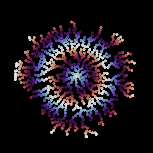 organic looking aggregation of colored circles that grew from the center of a black canvas.