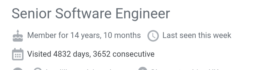 Cropped screenshot of Stack overflow profile page showing 3652 consecutive days (10 years)