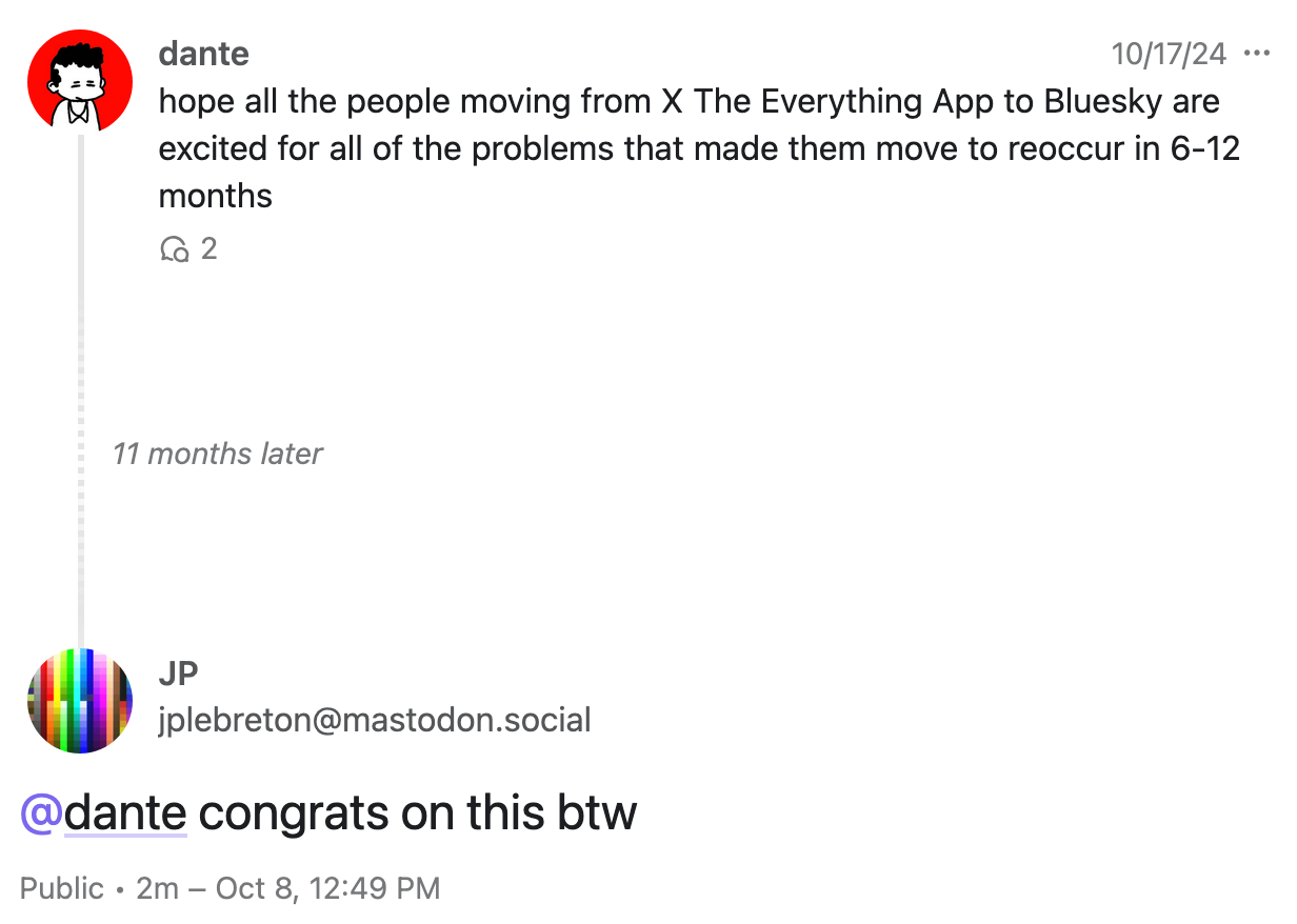 The exchange above showing the '11 months later' feature phampy.social adds when displaying long-after-the-fact replies