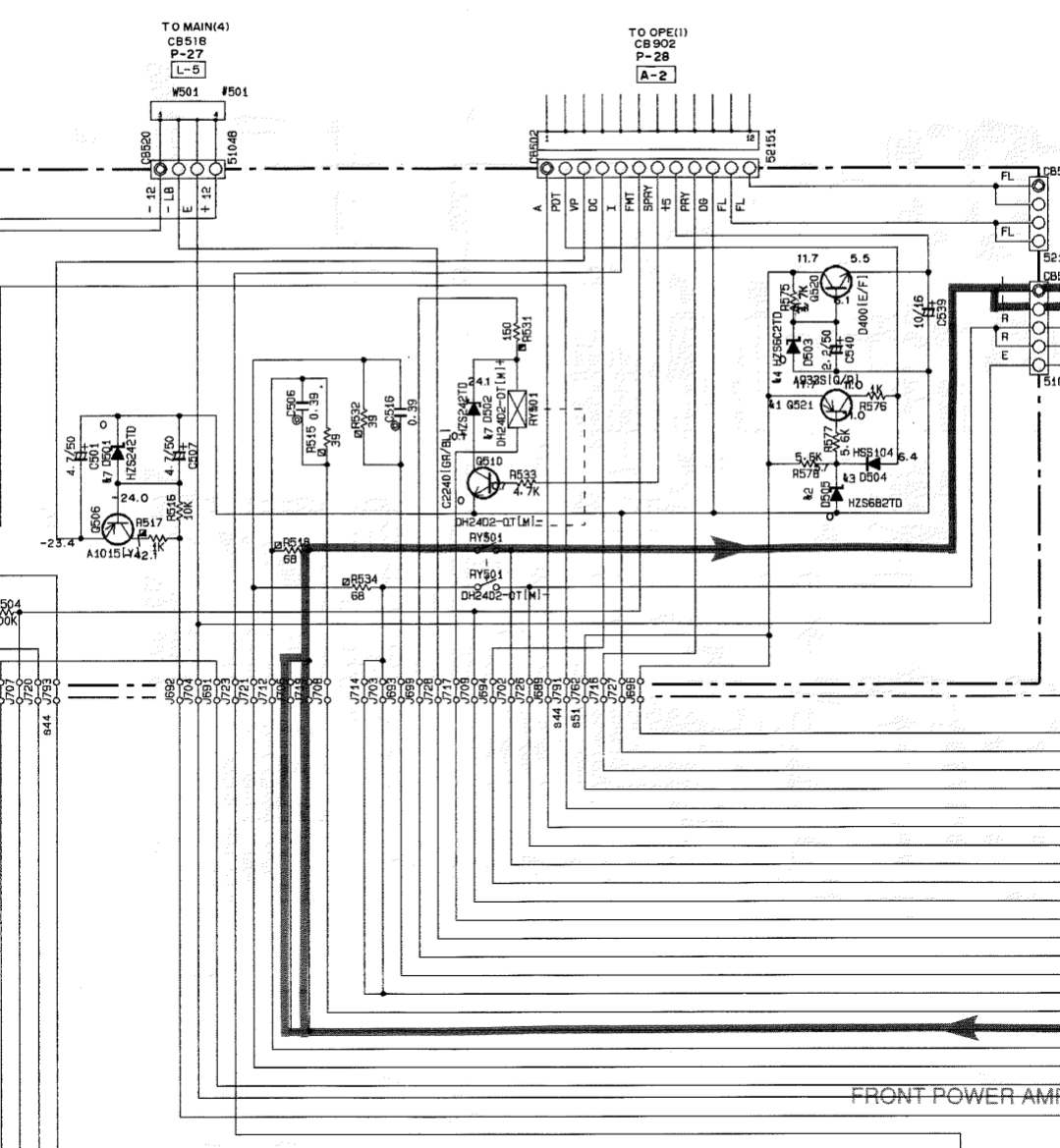 screenshot of a vintage schematic, with components at all angles and lots of very long lines going everywhere.  there are 4 areas that might be linear voltage regulators made of discrete zener diodes and transistors.