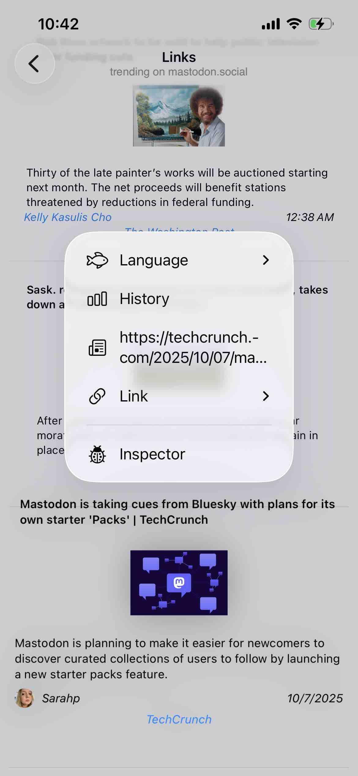 screenshot of a trending links feed with the context menu for a post showing a feed option for the link