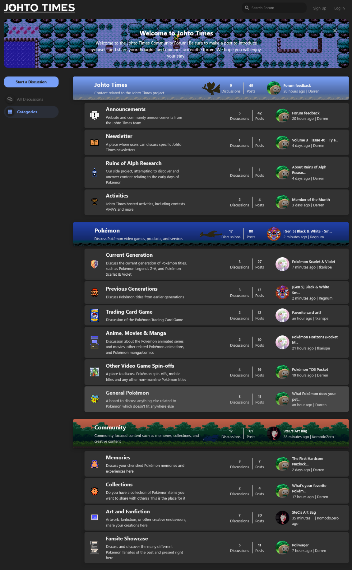 A screenshot of the Johto Times forum, with lots of different sections to post in.

The Johto Times category mostly covers our newsletter content and relevant community announcements, while the Pokémon board covers pretty much everything about the series.

The community forum is a place where you can share your memories of the series, your collections, your creative side, and check out the different Pokémon fan communities both online and defunct.