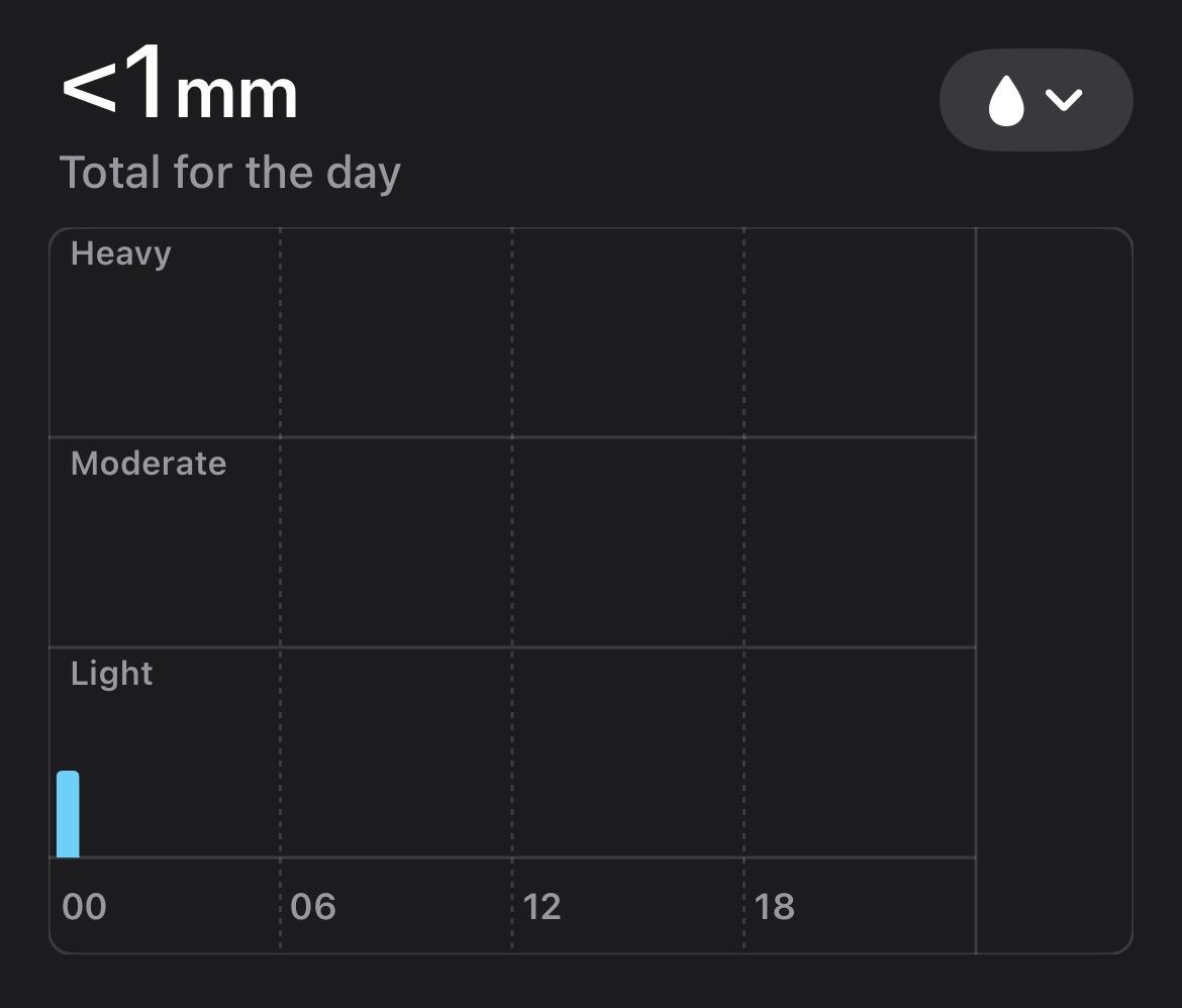 screenshot of a graph showing less than one millimetre of light rain forecast at twelve in the morning, dry for the entire rest of the day.