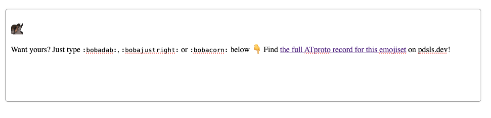 The astrolabe editor: a boba-tan dabbing emoji followed by Want yours? Just type :bobadab:, :bobajustright: or :bobacorn: below 👇 Find the full ATproto record for this emojiset on pdsls.dev!