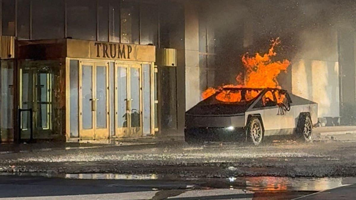 Tesla cybertruck burns in flames in front of a Trump hotel