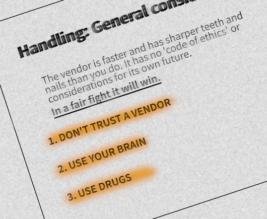 a digitally prepared image pretending to be a photograph of a sheet of paper with a slide reading:

# Handling: General considerations

The vendor is faster and has sharper teeth and nails than you do. It has no 'code of ethics' or considerations for its own future.
_In a fair fight it will win._

[In orange highlighter:]
1. DON'T TRUST A VENDOR
2. USE YOUR BRAIN
3. USE DRUGS