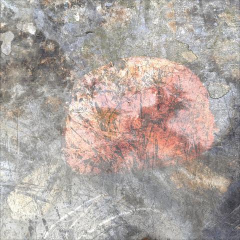 An abstract photo resulting from combining three other photos. Low saturation, except a central shape tinted somewhat pink.