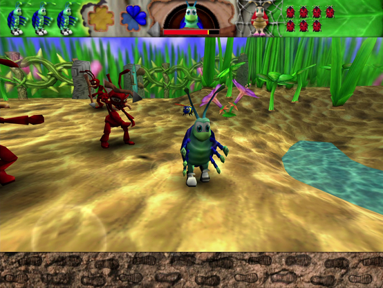 A screenshot from the game Bugdom, showing a blue-green cartoonish bug (six arms, two legs with cute sneakers) wandering on sandy ground, with a forest of giant grass blades in the background.