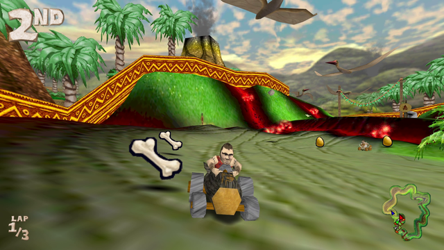 A screenshot of the game Cro-Mag Rally, showing a cave-man in a racing car made from a log and primitive stone wheels.