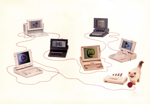 A modified vintage magazine ad showing six laptops from the late 1980s connected by a red cable to the a portable printer in the lower right corner, alongside a kitten playing with a ball of red yarn.

Logos of various fediverse platforms have been superimposed on the laptop screens: Misskey, Peertube, Loops, Hubzilla, Friendica, and Mastodon.