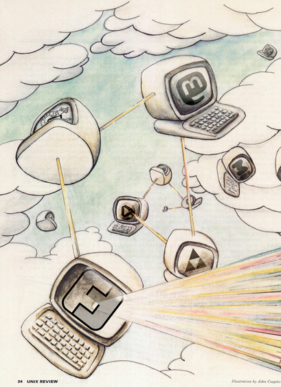 A modified vintage magazine illustration showing multiple desktop computers floating among clouds in an open sky, connected to each other by thin golden lines forming a network, with one large computer in the foreground emitting a burst of colorful rainbow light rays from its screen.

The screens of the computers display logos of various fediverse platforms: BookWyrm, Hubzilla, Pleroma, PieFed, Misskey, Peertube, Loops, Friendica, and Mastodon.