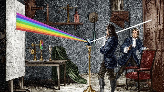 A colored picture from a black and white drawing representing Isaac Newton in front of a triangular prism. The prism is hit by a ray of light and the light is divided into its components, projecting a rainbow on a wall.

Behind Newton is another man, looking like he's seeing sorcery.