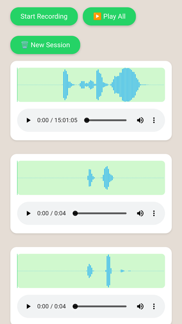 Prototype for a collaborative sound recorder with multiple waves, with "record" and "play all" buttons.