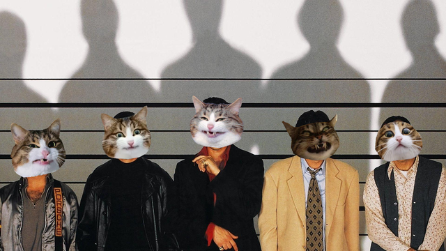 Picture from The Usual Suspects in a lineup with catte heads.