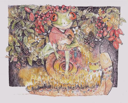 Watercolor painting of frog on snaild in fall berries baground and iluminated by candles
