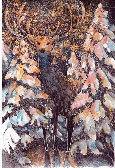 Watercolor painting of magical deer iluminating trees and snow
