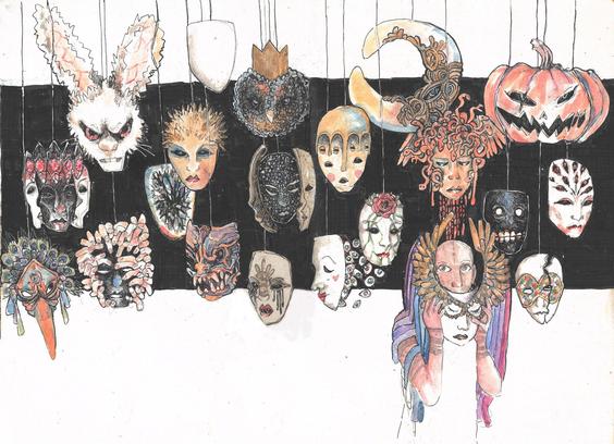 Watercolor and ink  painting of collection of magical masks
