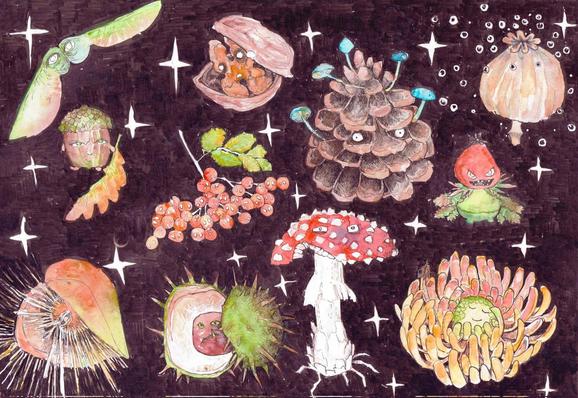 Assourtment of fall criters on black background watercolor painting