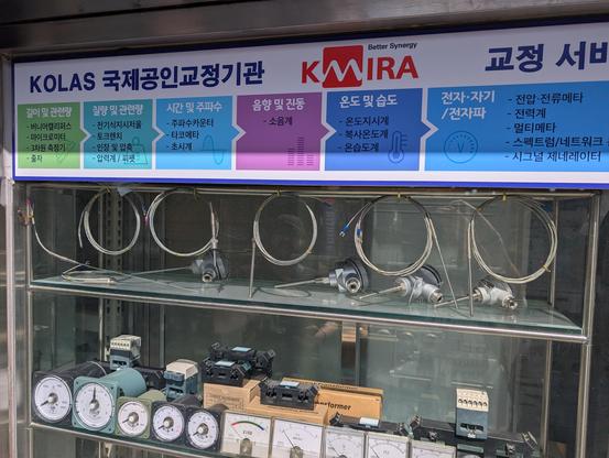 Window of another shop. Different types of industrial temperature sensors and analog gauges are on display.