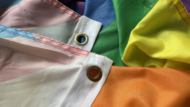 Pride diversity flag with a rusty grommet labelled "TOP"