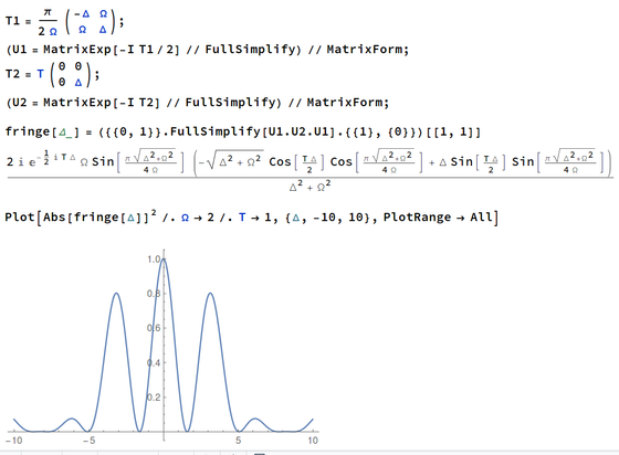 Mathematica notebook defining 2x2 rotation matrices mixing both components (U1) and just turning the phase of the second component (U2) for free flight. Then they are multiplied as U1.U2.U1  and the off diagonal element squared looks like an interference pattern of a double slit. The longer the time in between is, the narrower the peaks become, making the system super sensitive to small deviations