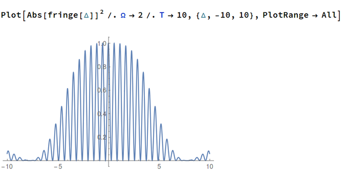 The fringes, but for flight time T=10 instead of T=1, showing many more narrower fringes