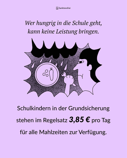Wer hungrig in die Schule geht, kann keine Leistung bringen. Schulkindern in der Grundsicherung stehen im Regelsatz 3,85 € pro Tag für alle Mahlzeiten zur Verfügung.