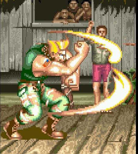 Street Fighter game guile making a special sonic boom attack of yellow waves