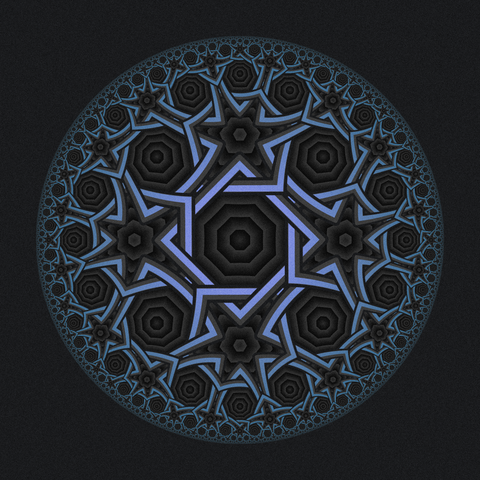 A circle filled with a pattern of interlocking squares and hexagons. The pattern gets infinitely fine as it gets close to the circle's edge. Bright pastel color on dark background.