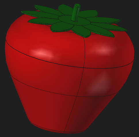 FreeCAD rendering of the strawberry body (in red) and leaves and stem (in green).