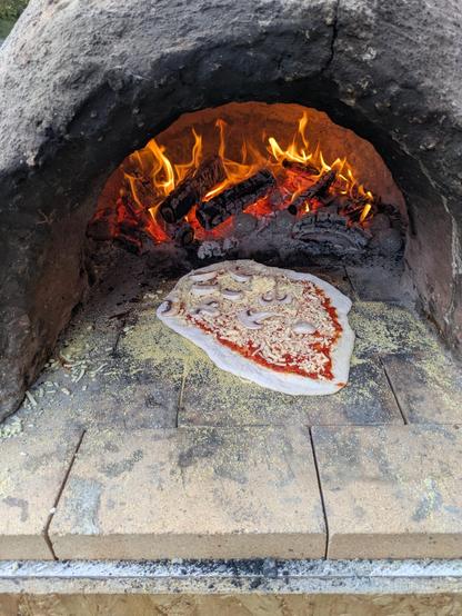 A homemade mushroom and cheese pizza being cooked inside TOG’s pizza oven, with burning logs, glowing embers and flames visible behind it.
