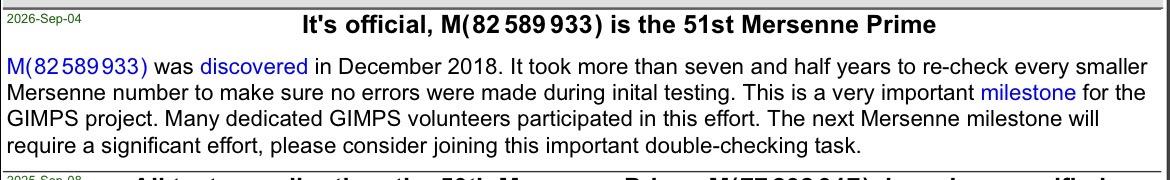 Screenshot from mersenne.org's home page reading:

2026-Sep-04: It's official, M(82589933) is the 51st Mersenne Prime

