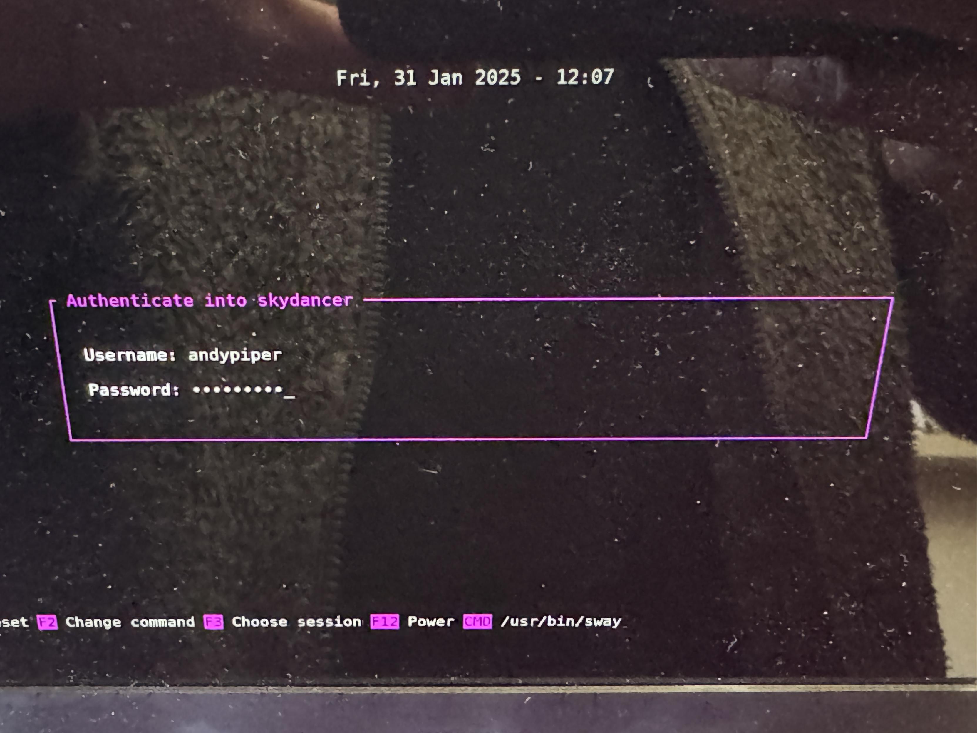 The greeter login terminal screen, showing the date "Fri 31 Jan 2025" - the last time the machine was booted.