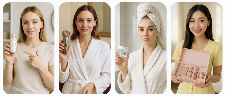 4 pictures, each of women holding some product. AI actors.