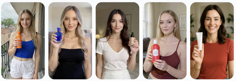 5 pictures, each of an AI actor holding some product.