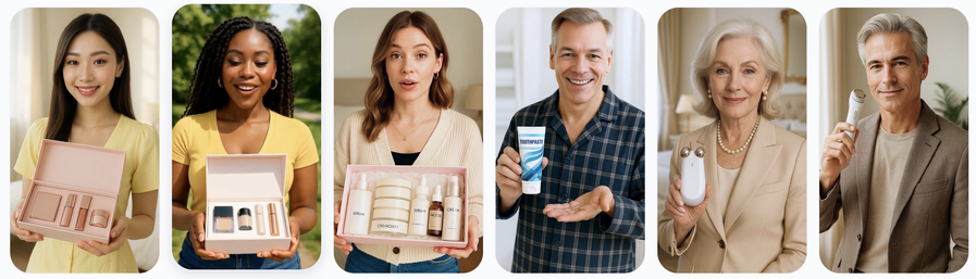 6 pictures, each of an AI actor holding some product.