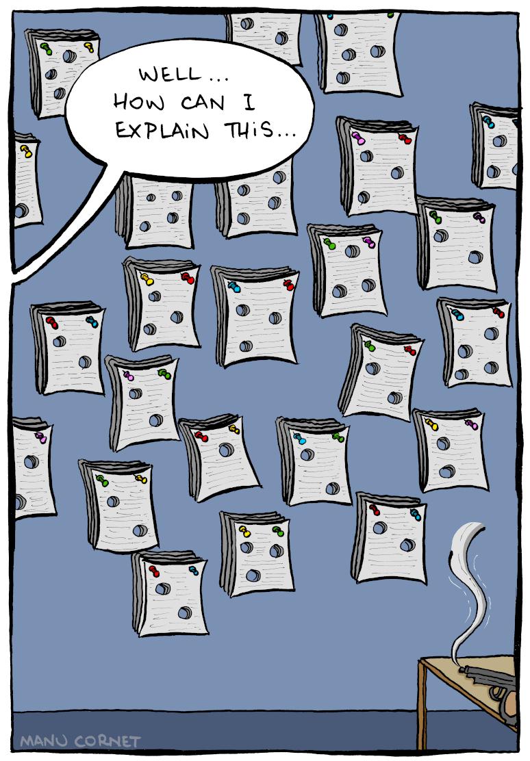 The third and last panel shows the speech bubble: "Well... How can I explain this...", as well as a wall where a certain number of sheets of paper are pinned, and full of bullet holes. On a nearby table, a gun is still smoking.