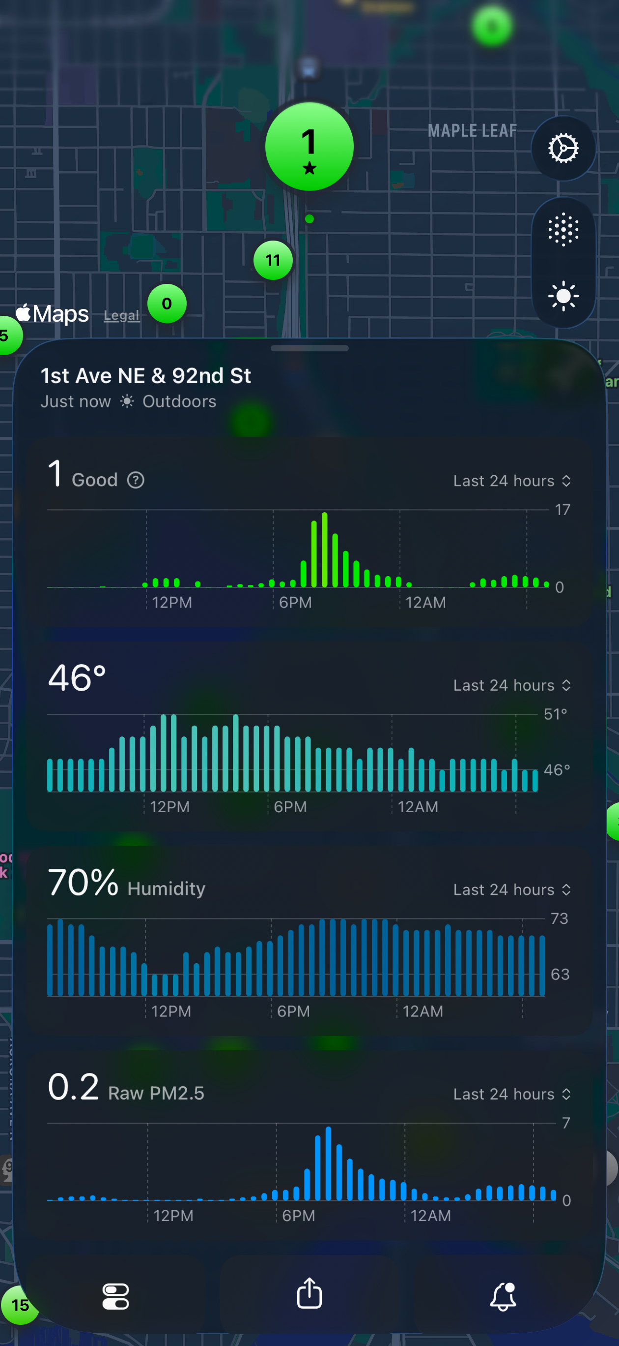 Air quality app shows good AQI, 46°F, 70% humidity, and low PM2.5 at 1st Ave NE & 92nd St. Last 24 hours data displayed.
