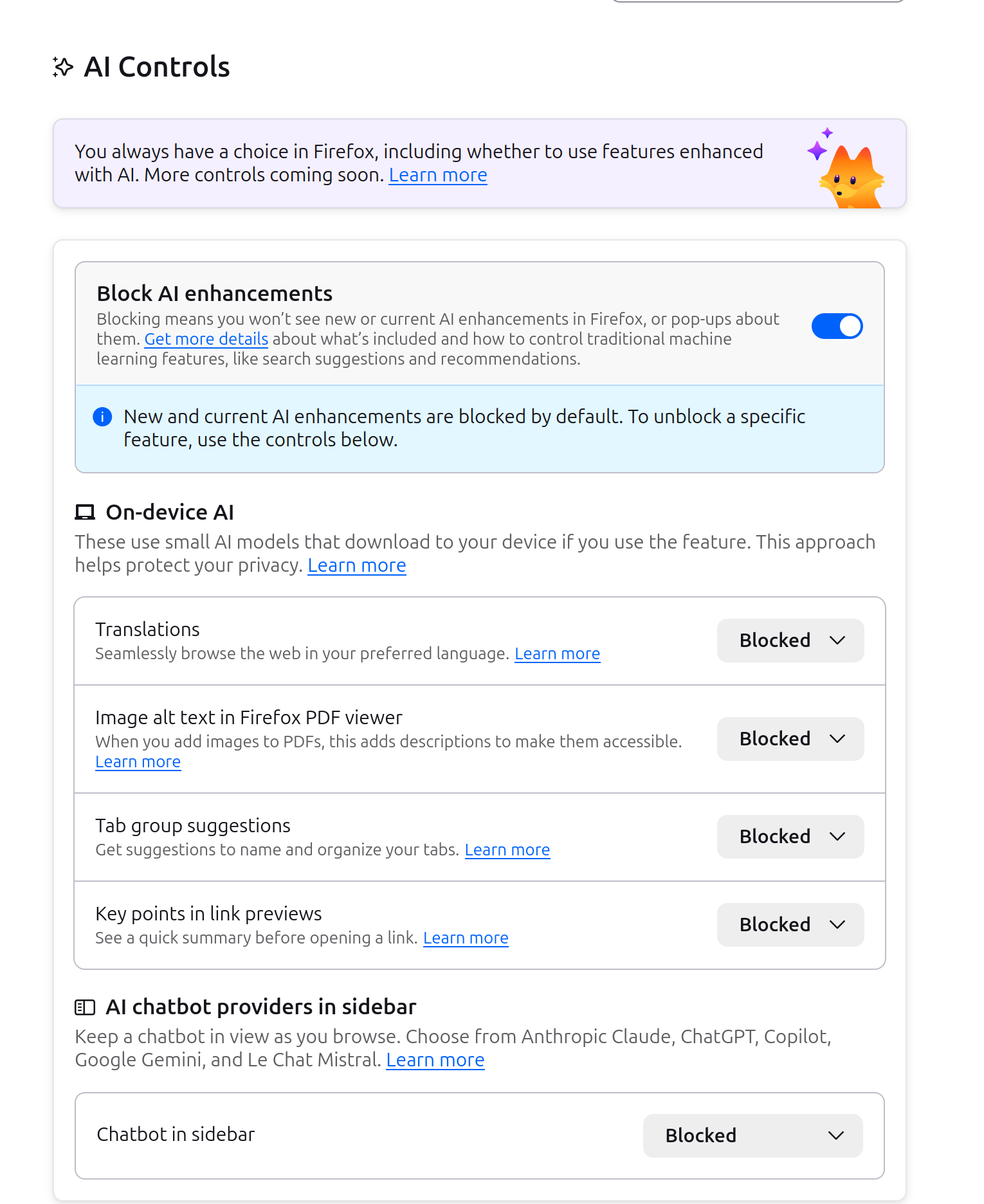 Screenshot of the Firefox AI controls panel showing all AI enhancements as blocked.