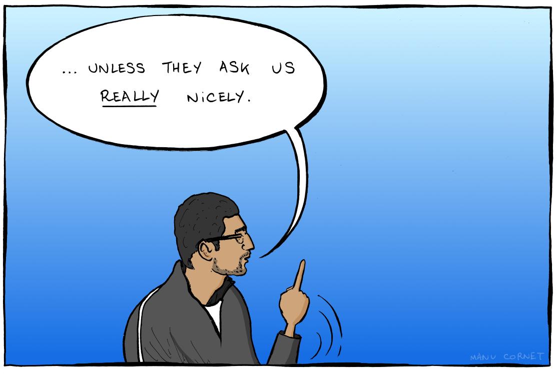 Panel 4: Sundar (raising his index finger): "... unless they ask us REALLY nicely."