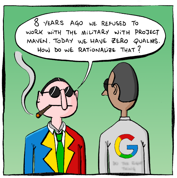 Panel 1: two men are chatting. They are both wearing primary-colored clothes and sunglasses. One of them is smoking a cigar. Left guy: "8 years ago we refused to work with the military with project Maven. Today we have zero qualms. How do we rationalize that?"