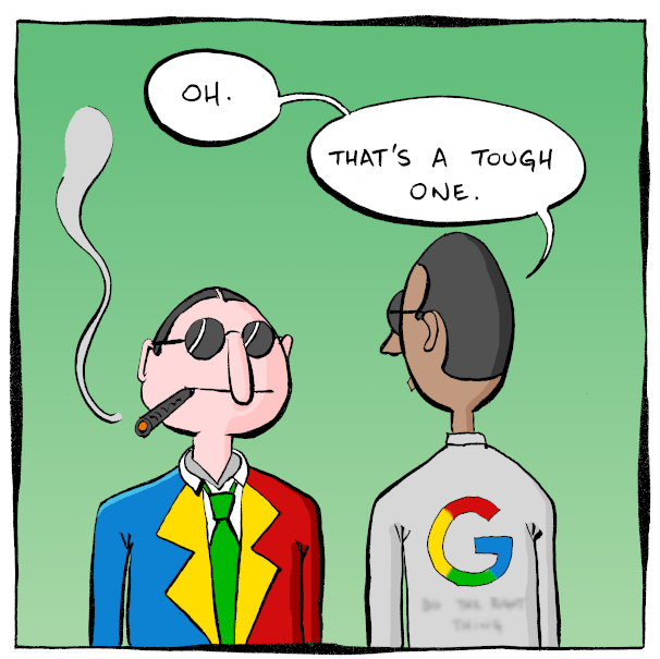 Panel 2: right guy says "Oh." "That's a tough one."