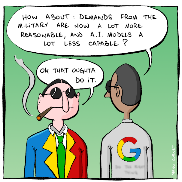 Panel 3: right guy says "How about: demands from the military are now a lot more reasonable, and A.I. models a lot less capable?". Right guy: "Ok that oughta do it."